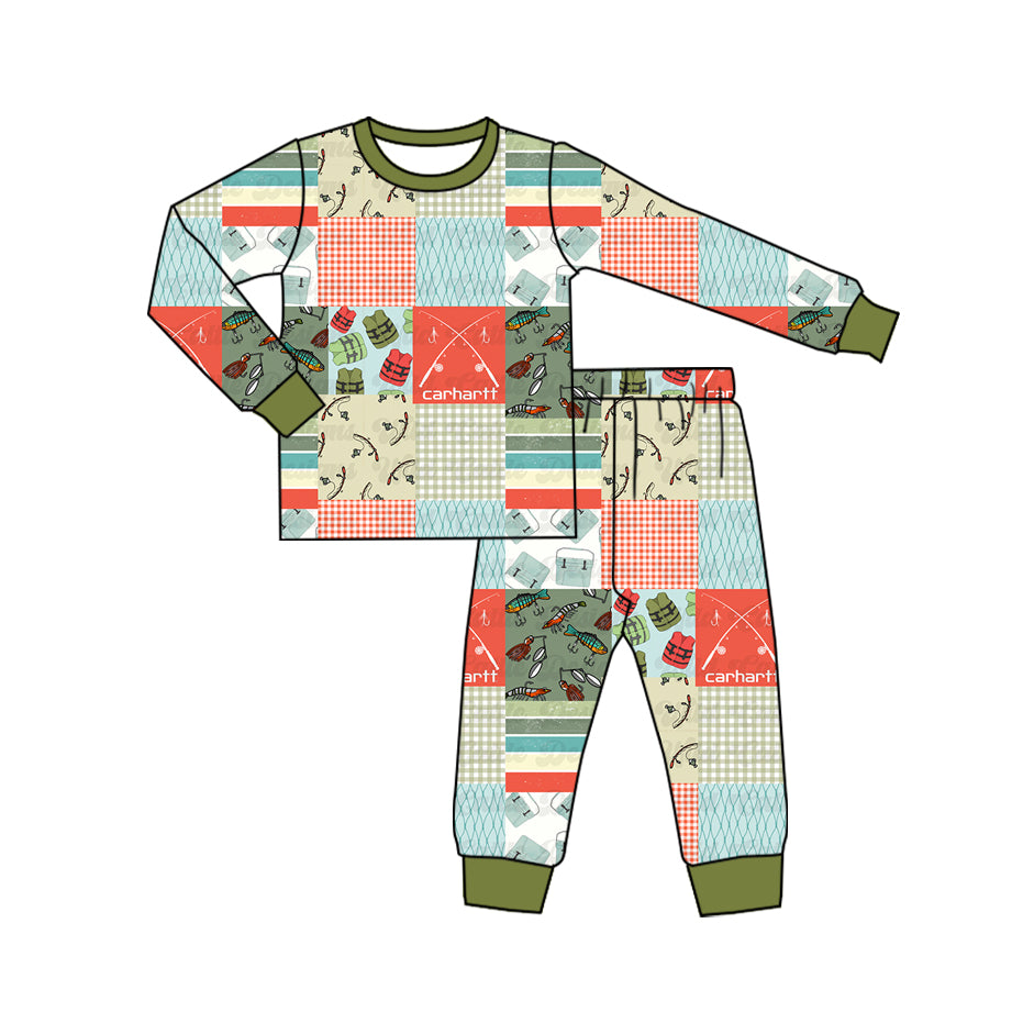 (Custom Design Preorder MOQ 5)  Fishing Shopping Print Boys Fall Pajamas Bamboo Clothes Set