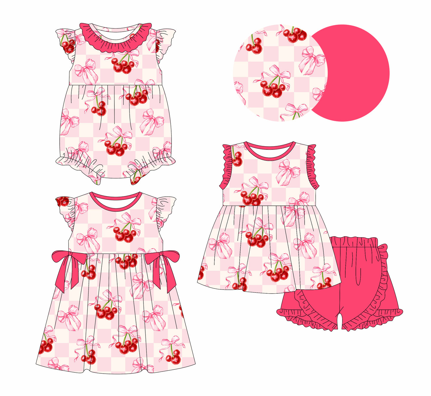 1.6(Custom Design Preorder MOQ 5 Each Design)  Cartoon Mouse Cherry Bows Print Girls Summer Matching Clothes Sisters Wear