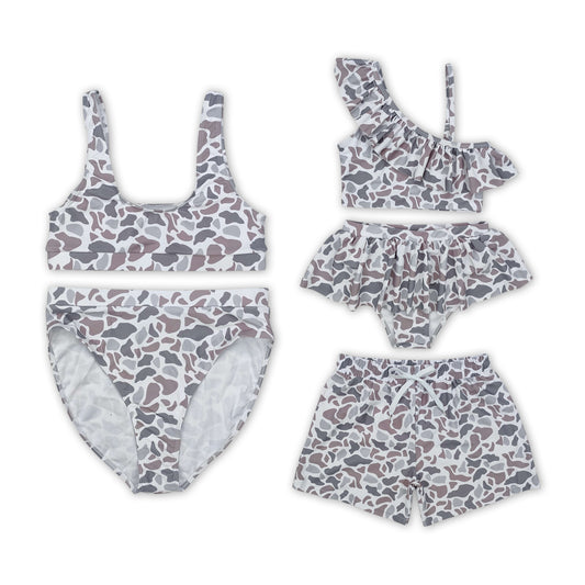 Grey Camo Print Family Matching Swimsuits