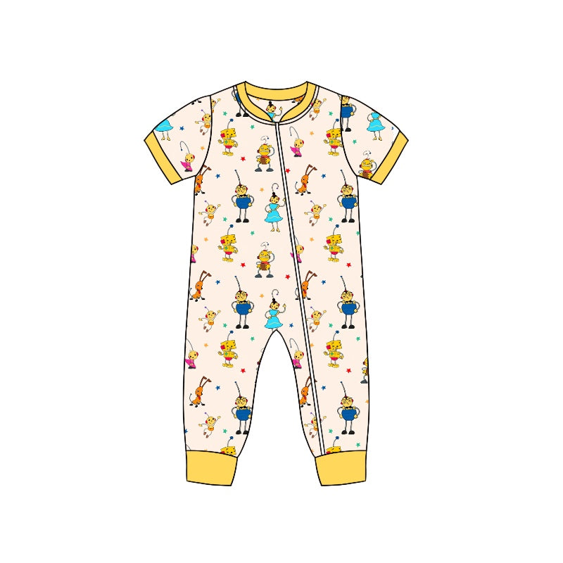 (Custom Design Preorder MOQ 5) Cartoon Ant Yellow Print Baby Boys Summer Zipper Romper