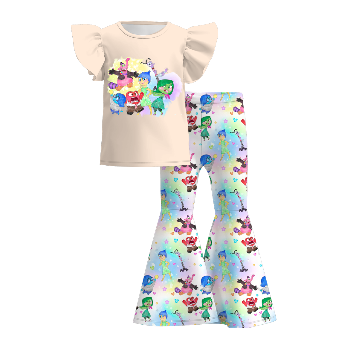 (Custom Design Preorder MOQ 5)  Cartoon Figure Inside Out Tie-dye Top Bell Pants Girls Clothes Set