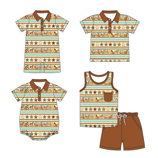 5.22(Custom Design Preorder MOQ 5 Each Design) Horse Stars Print Boys Summer Western Matching Clothes Brothers Wear