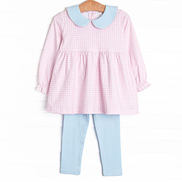 (Custom Design Preorder MOQ 5) Pink Plaid Tunic Top Legging Pants Girls Fall Clothes Set