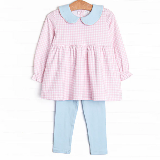 (Custom Design Preorder MOQ 5) Pink Plaid Tunic Top Legging Pants Girls Fall Clothes Set