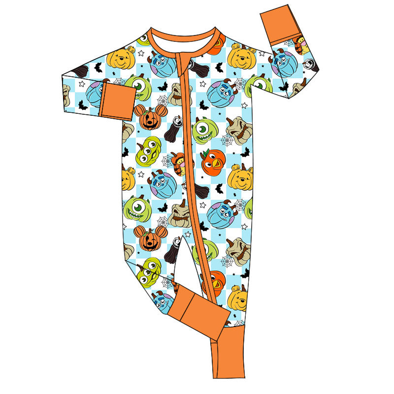 (Custom Design Preorder MOQ 5)  Cartoon Figure Pumpkin Print Baby Boys Bamboo Halloween Sleeper Zipper Romper