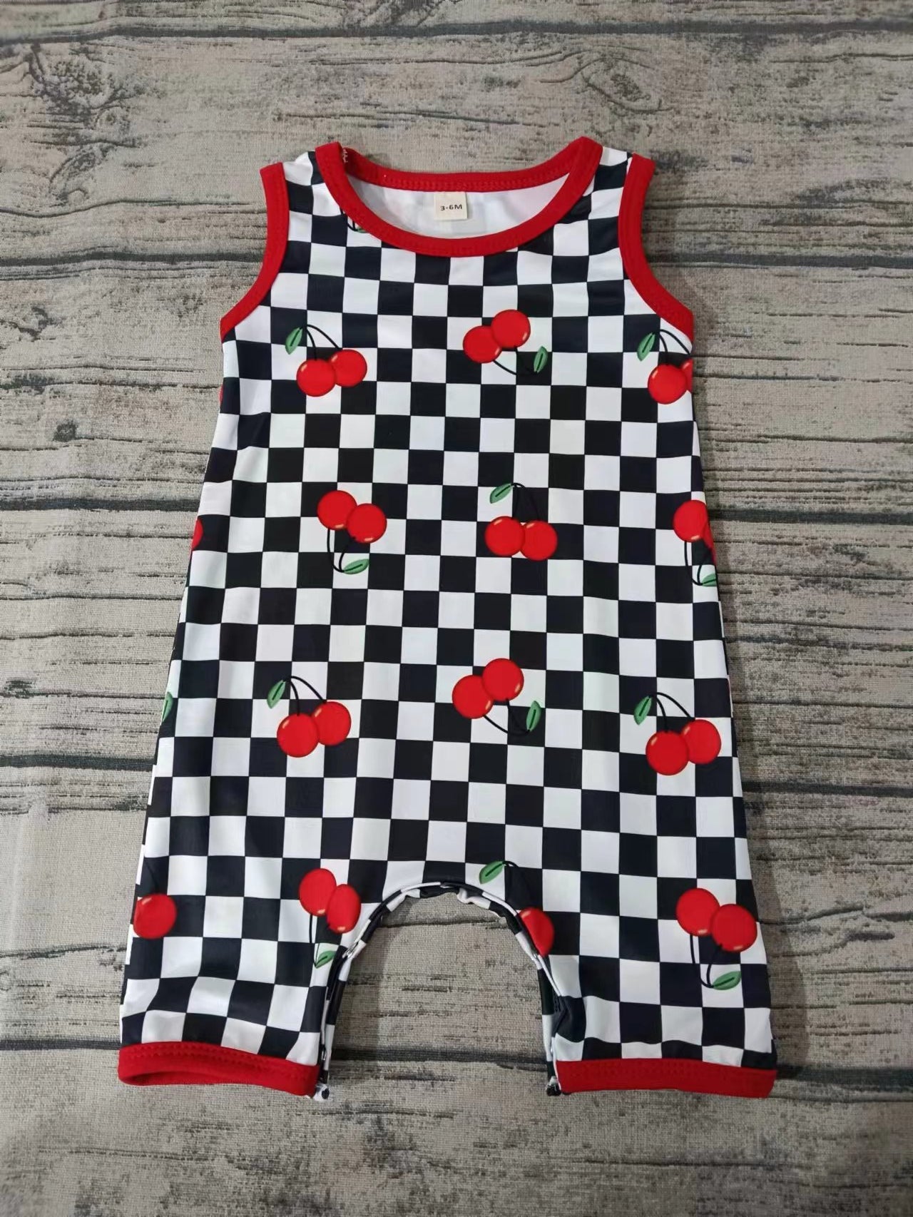 (Custom Design Preorder MOQ 5) Cherry Black Plaid Print Baby Boys Summer Romper