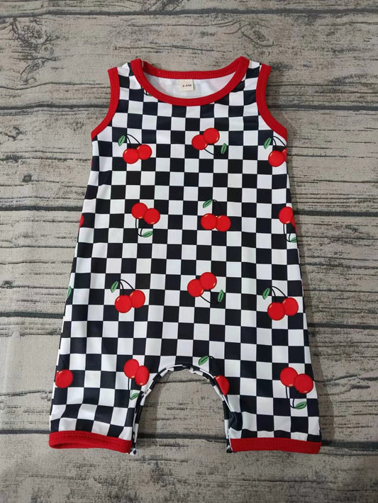 (Custom Design Preorder MOQ 5) Cherry Black Plaid Print Baby Boys Summer Romper