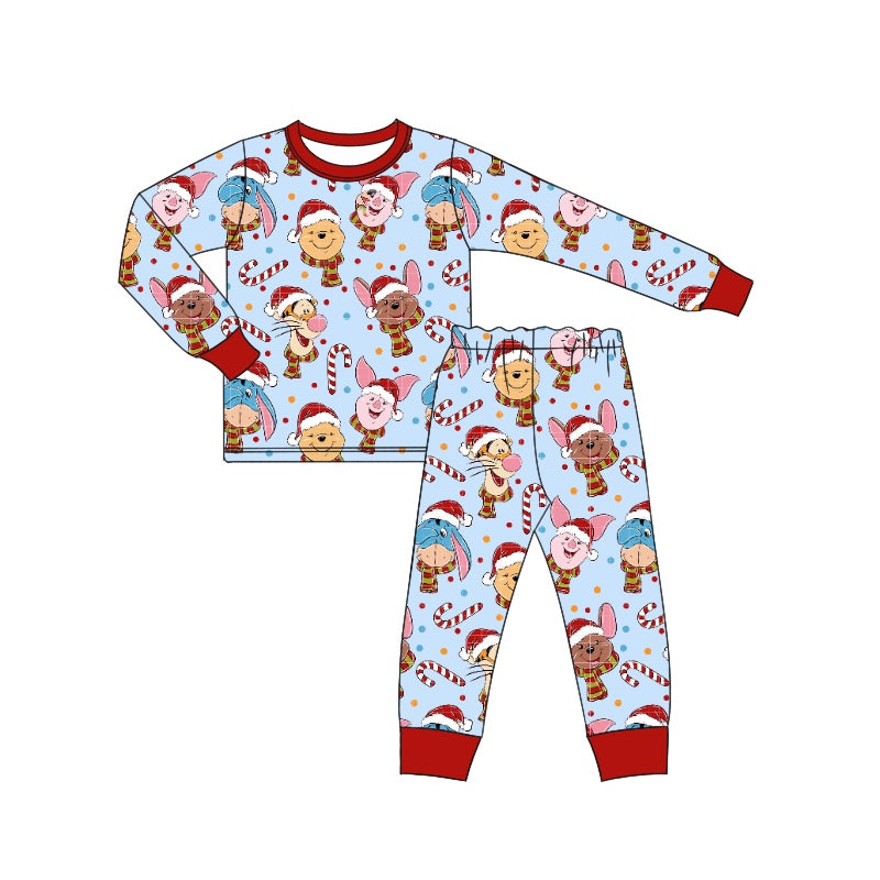 (Custom Design Preorder MOQ 5) Cartoon Bear Friends Print Boys Christmas Bamboo Pajamas Clothes Set