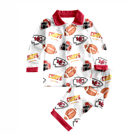 (Custom Design Preorder MOQ 5) Team's KC White Print Boys Fall Buttons Pajamas Clothes Set