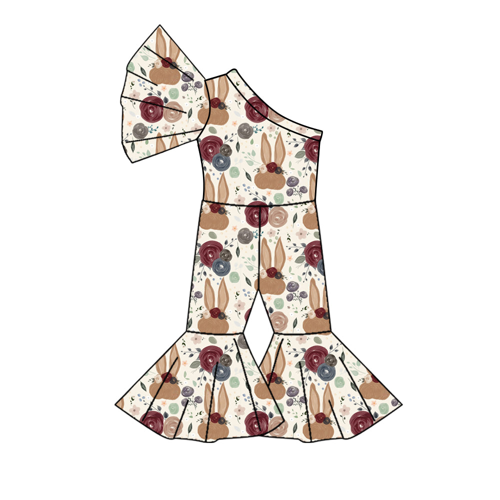(Custom Design Preorder MOQ 5) Flowers Bunny Print Girls Easter One Shoulder Jumpsuits