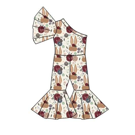 (Custom Design Preorder MOQ 5) Flowers Bunny Print Girls Easter One Shoulder Jumpsuits
