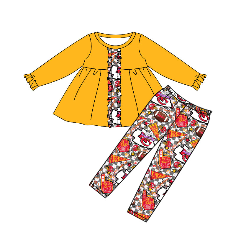 (Custom Design Preorder MOQ 5) Yellow Tunic Top Team's KC Pants Girls Fall Clothes Set