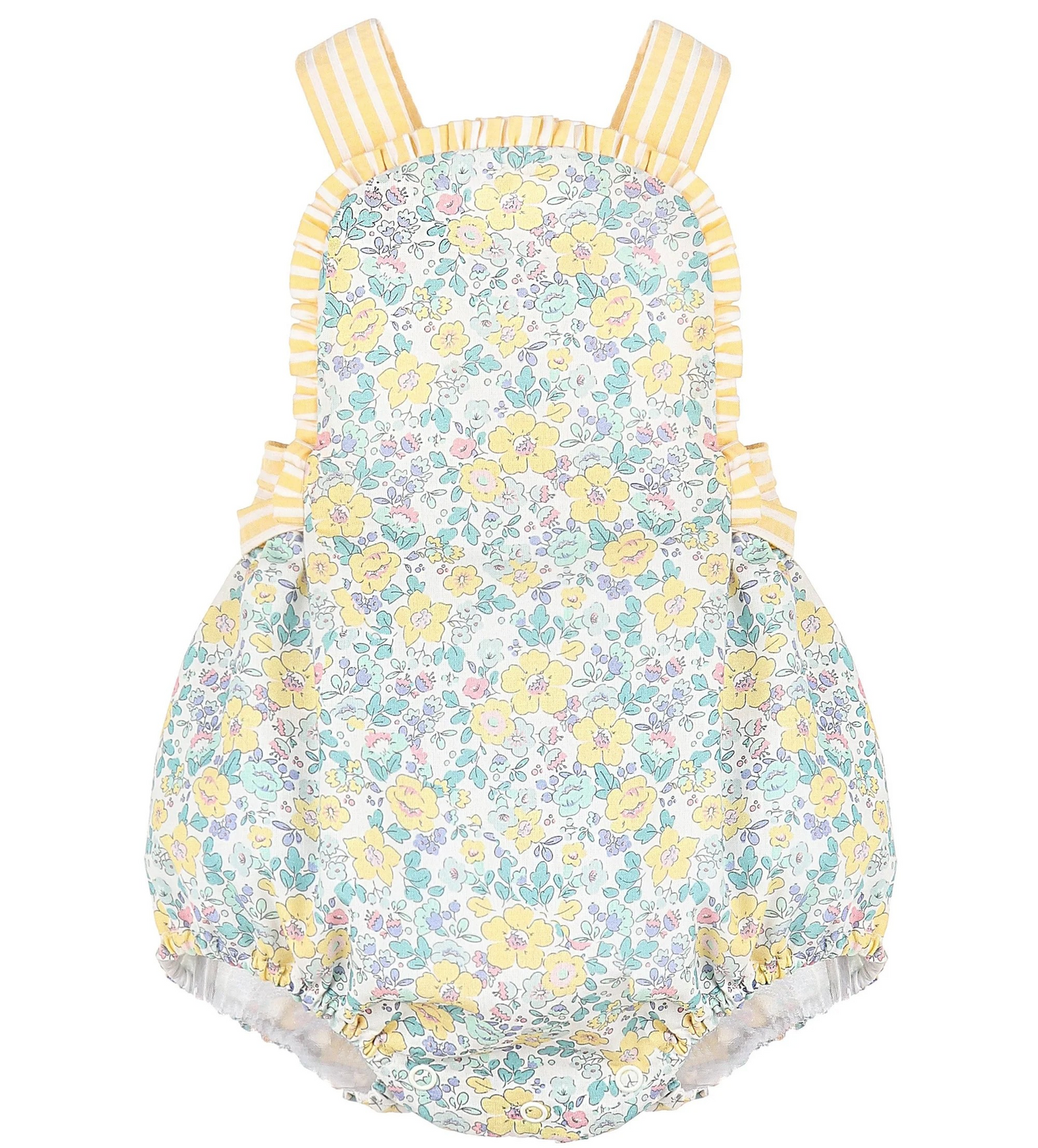 (Custom Design Preorder MOQ 5) Yellow Flowers Print Baby Girls Ruffle Bubbles Romper