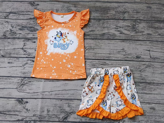 (Custom Design Preorder MOQ 5)  Cartoon Dog Ruffle Shorts Girls Summer Clothes Set