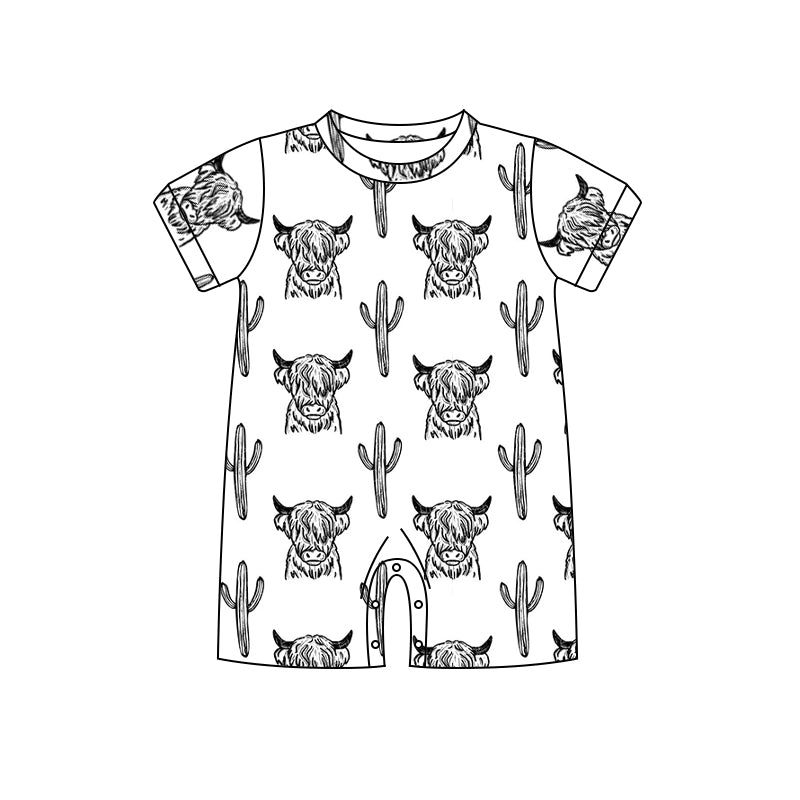 (Custom Design Preorder MOQ 5) Highland Cow Cactus Print Baby Boys Summer Western Romper