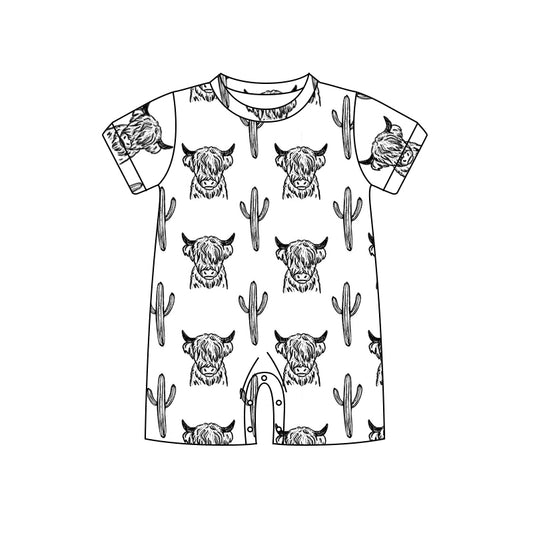(Custom Design Preorder MOQ 5) Highland Cow Cactus Print Baby Boys Summer Western Romper