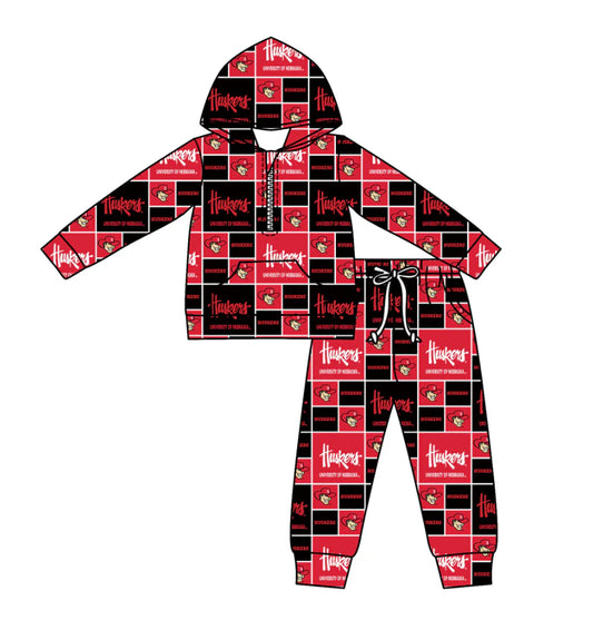 (Custom Design Preorder MOQ 5) Team's HUSKERS Plaid Print Zipper Hoodie Top Pockets Pants Kids Fall Clothes Set