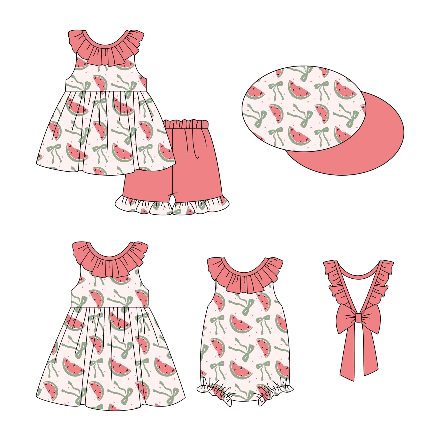 1.3(Custom Design Preorder MOQ 5 Each Design) Watermelon Bows Print Girls Summer Matching Clothes Sisters Wear