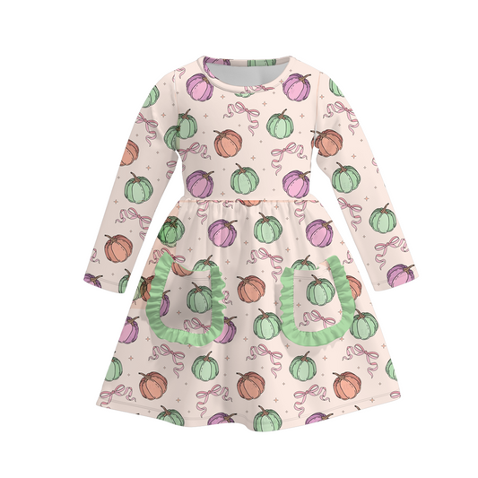 (Custom Design Preorder MOQ 5) Pumpkin Bows Print Girls Knee Length Fall Dress