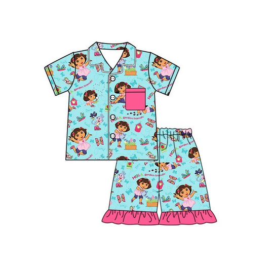 (Custom Design Preorder MOQ 5) Garden Friends Print Girls Summer Pajamas Clothes Set