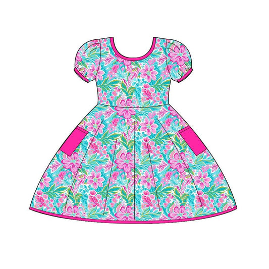 (Custom Design Preorder MOQ 5) Flowers Hot Pink Print Pockets Girls Summer Knee Length Dress