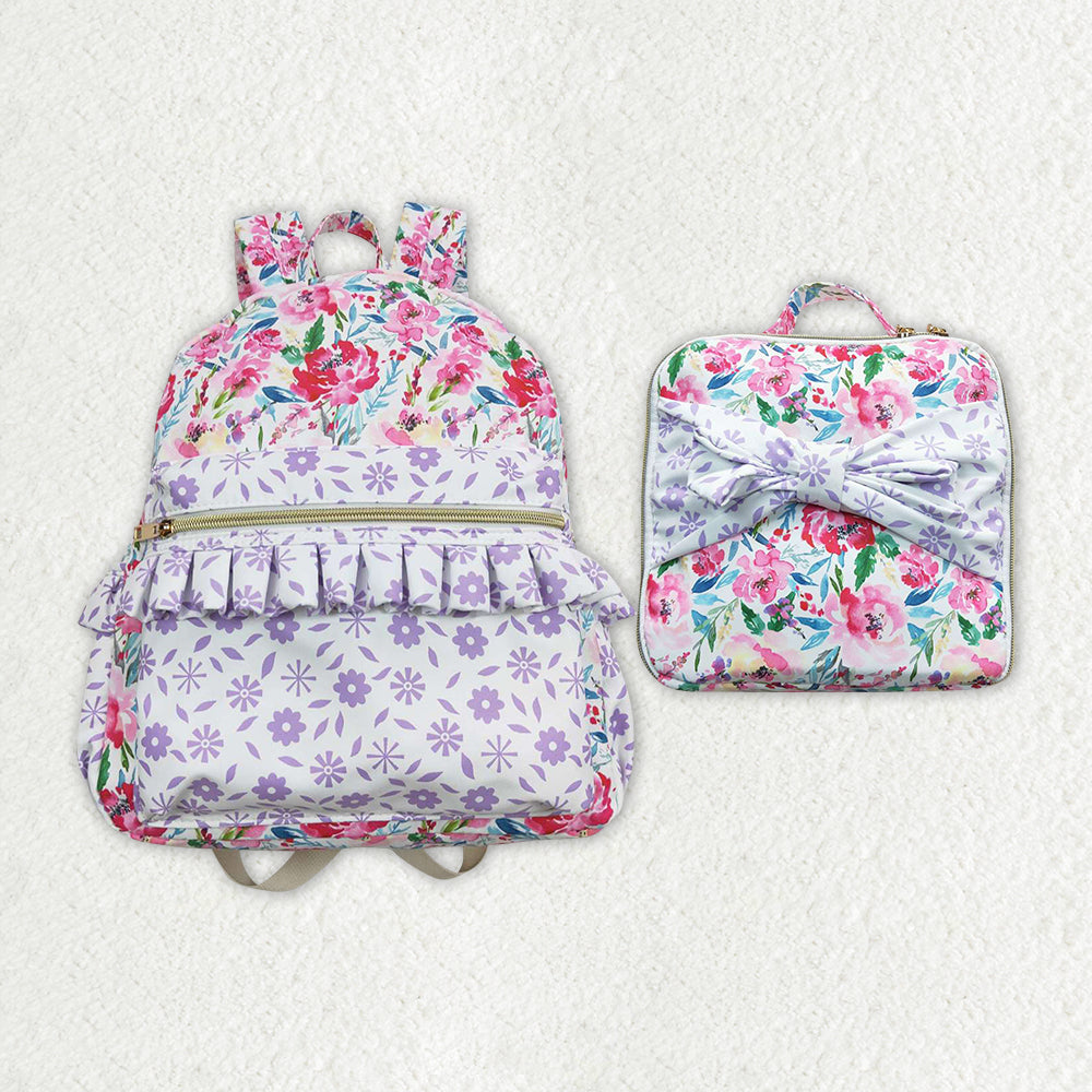 Purple Flowers Print Backpack Lunch Boxes Girls Back to School Bags