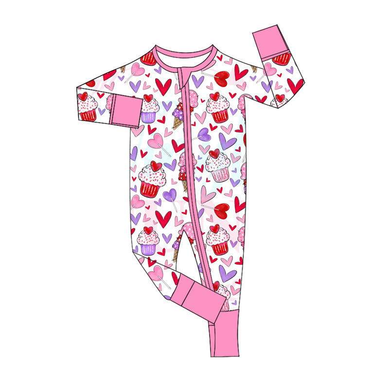 (Custom Design Preorder MOQ 5)  Heart Cake Print Baby Girls Valentine's Day Bamboo Sleeper Zipper Romper