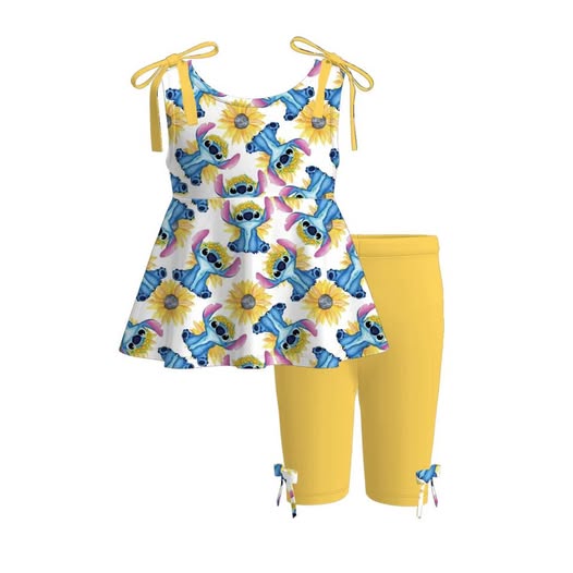 (Custom Design Preorder MOQ 5) Stitc* Sunflowers Tunic Top Yellow Shorts Girls Summer Clothes Set