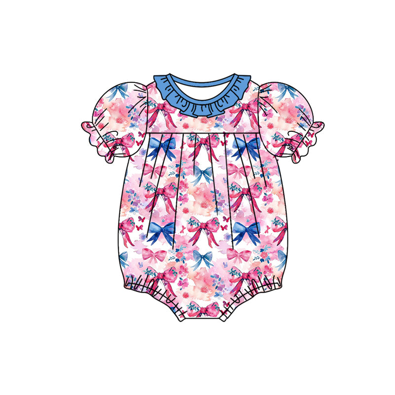 (Custom Design Preorder MOQ 5) Bows Hotpink Flowers Print Baby Girls Romper