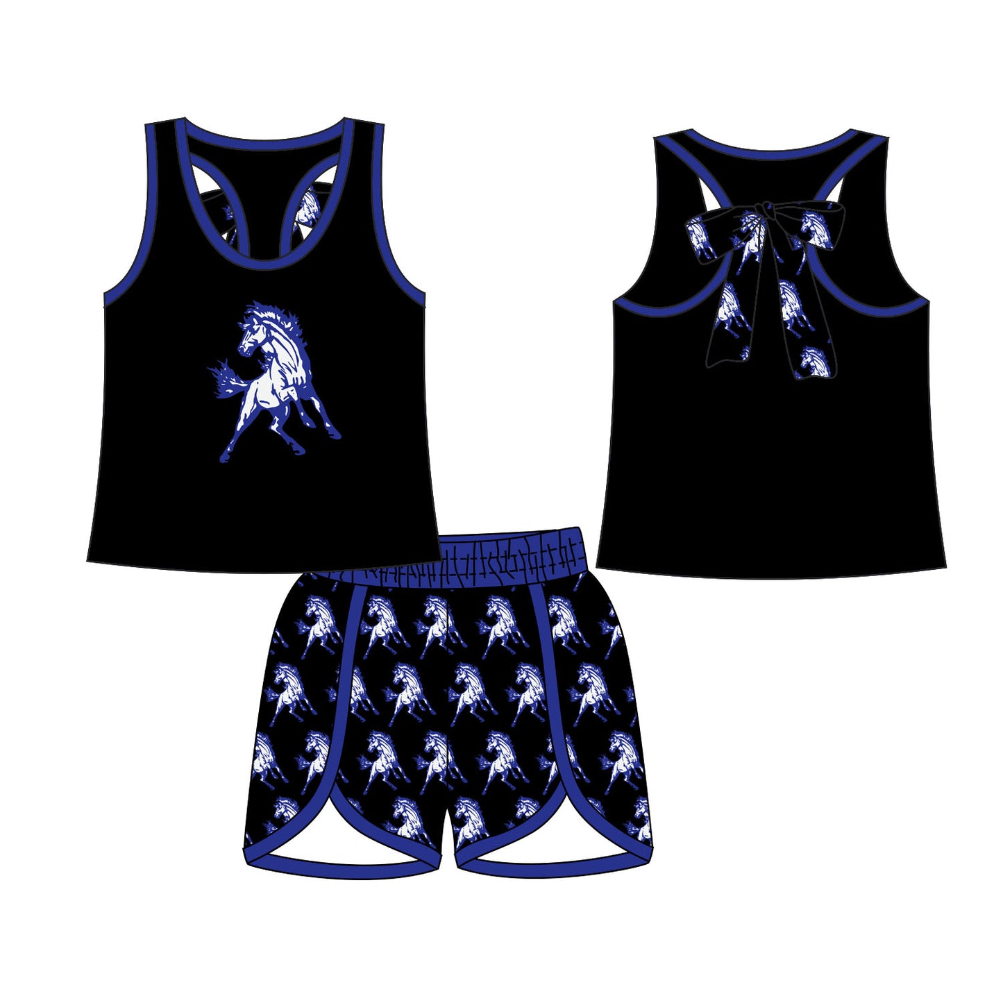 (Custom Design Preorder MOQ 5) Team's Mustangs Bows Top Shorts Girls Summer Clothes Set