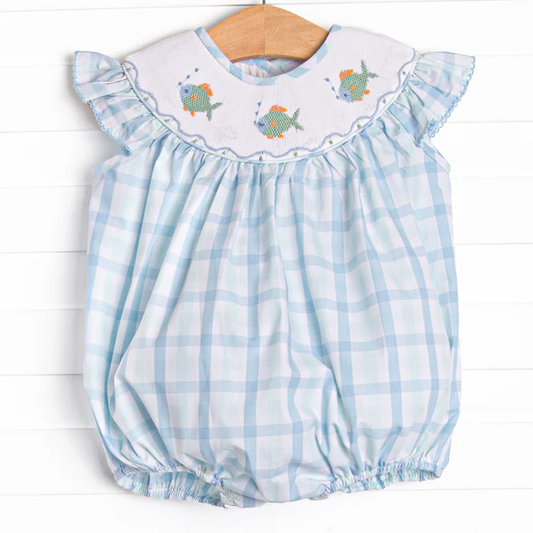 (Custom Design Preorder MOQ 5) Fish Blue Plaid Print Baby Girls Summer Bubble Romper