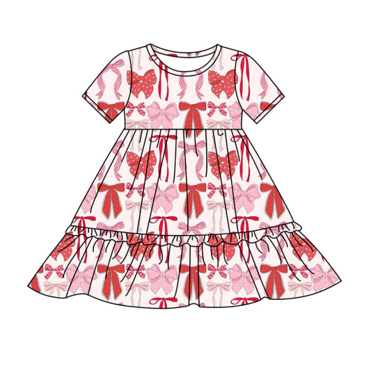 (Custom Design Preorder MOQ 5) Pink Red Bows Print Girls Valentine's Day Knee Length Dress