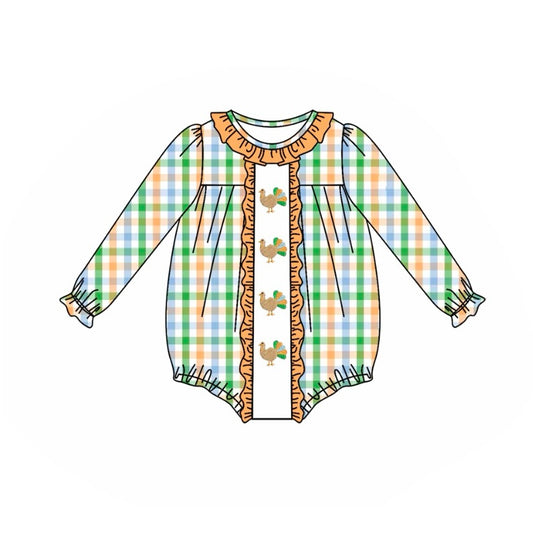 (Custom Design Preorder MOQ 5) Turkey Green Orange Plaid Print Baby Girls Thanksgiving Romper