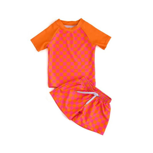 (Custom Design Preorder MOQ 5)  Orange Plaid Print Boys 2 Pieces Swimsuits