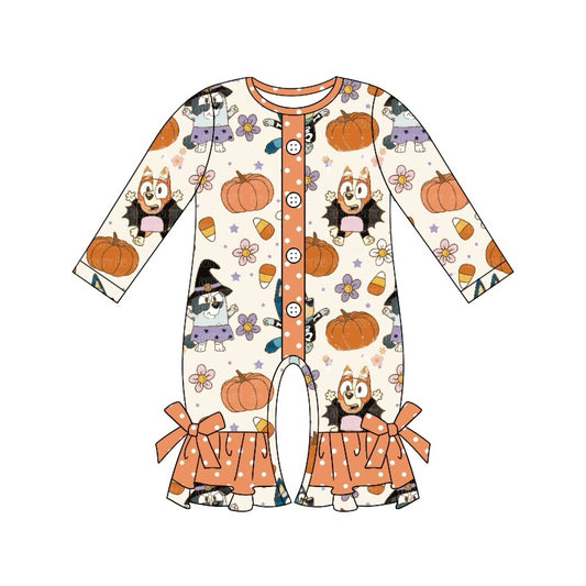 (Custom Design Preorder MOQ 5) Cartoon Dog Pumpkin Candy Print Baby Girls Halloween Romper