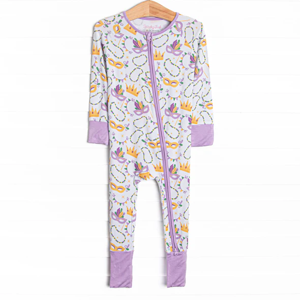(Custom Design Preorder MOQ 5) Mask Print Baby Girls Mardi Gras Zipper Sleeper Romper