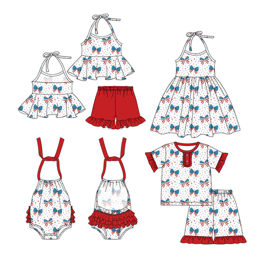 2.24(Custom Design Preorder MOQ 5 Each Design) Stars Bows Print Girls 4th of July Matching Clothes Sisters Wear