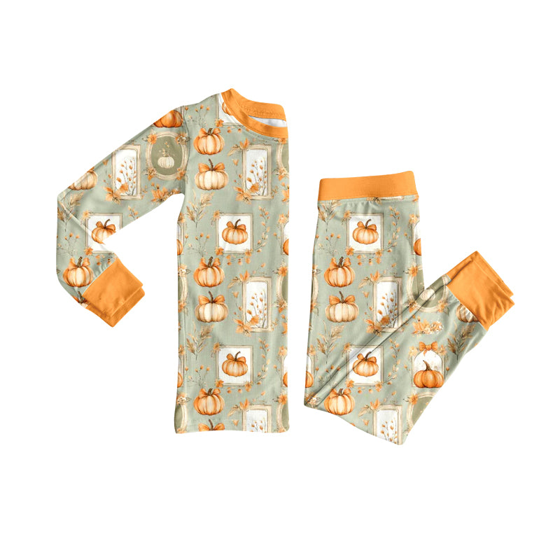 (Custom Design Preorder MOQ 5 ) Pumpkin Flowers Print Girls Fall Pumpkin Clothes Set