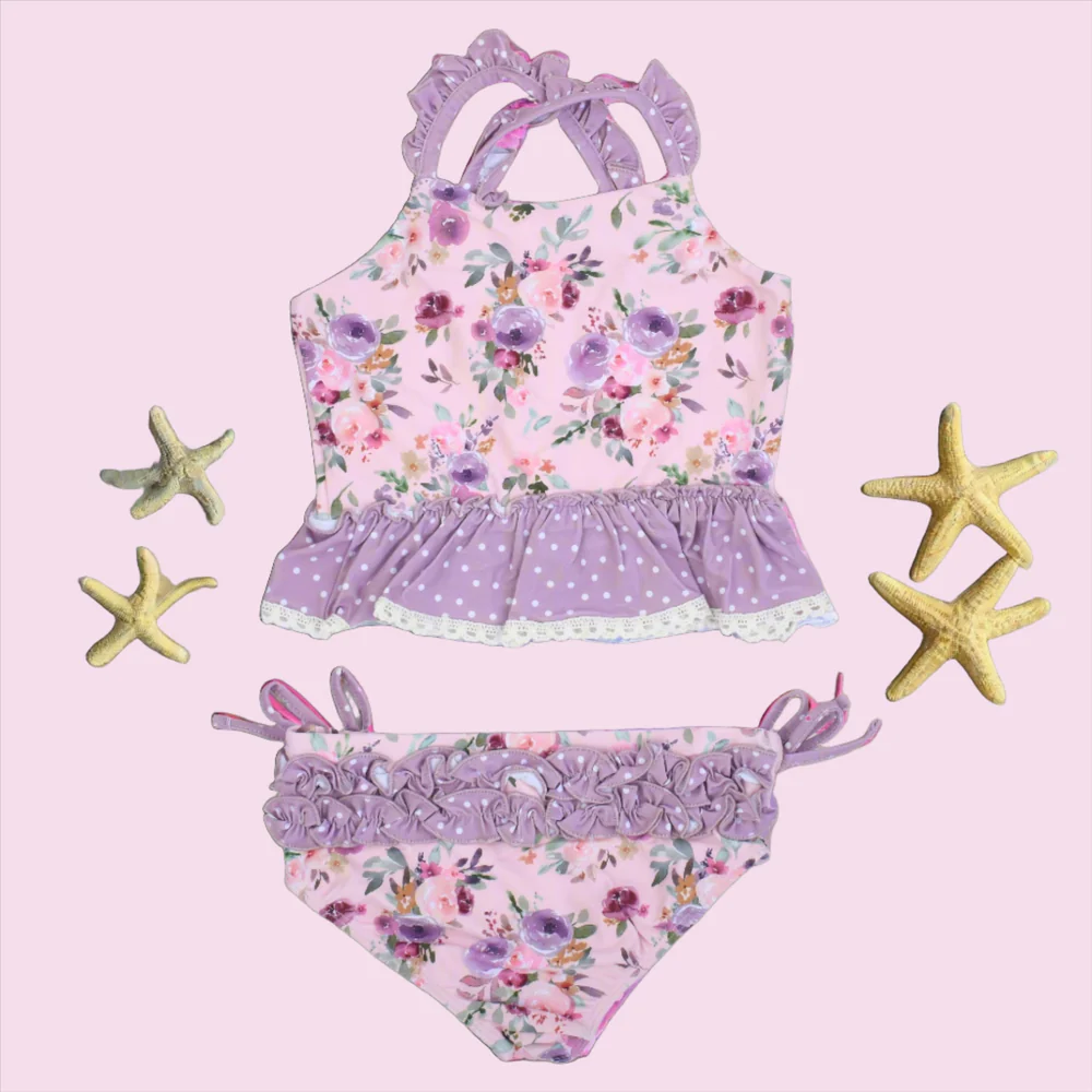 (Custom Design Preorder MOQ 5)  Purple Flowers Print Girls 2 Piece Swimsuits