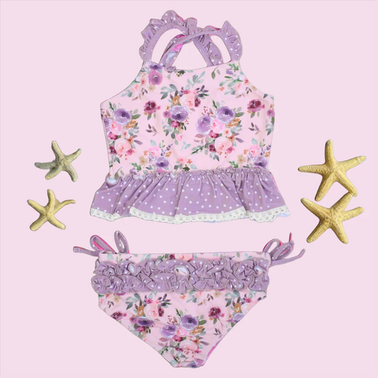 (Custom Design Preorder MOQ 5)  Purple Flowers Print Girls 2 Piece Swimsuits