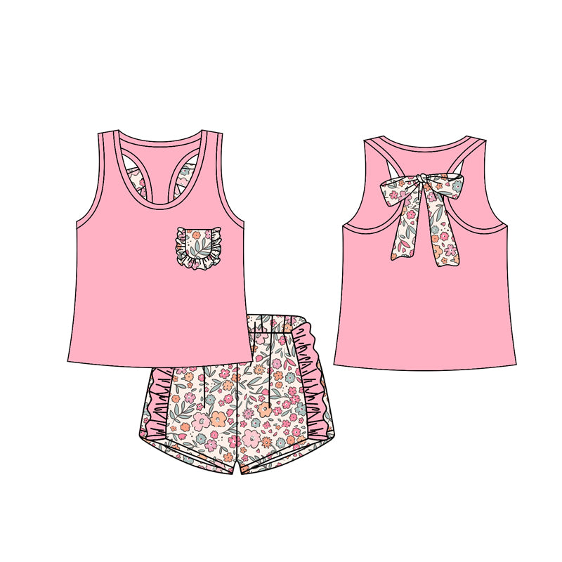 12.13(Custom Design Preorder MOQ 5) Pink Pocket Vest Top Flowers Shorts Girls Summer Clothes Set