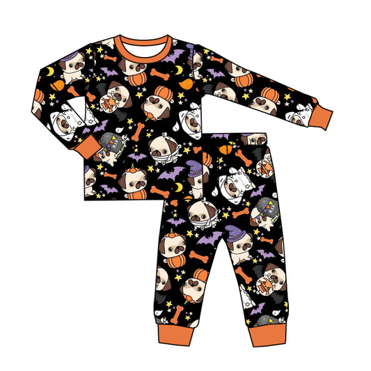 (Custom Design Preorder MOQ 5)  Dog Pumpkin Print Boys Halloween Bamboo Pajamas Clothes Set