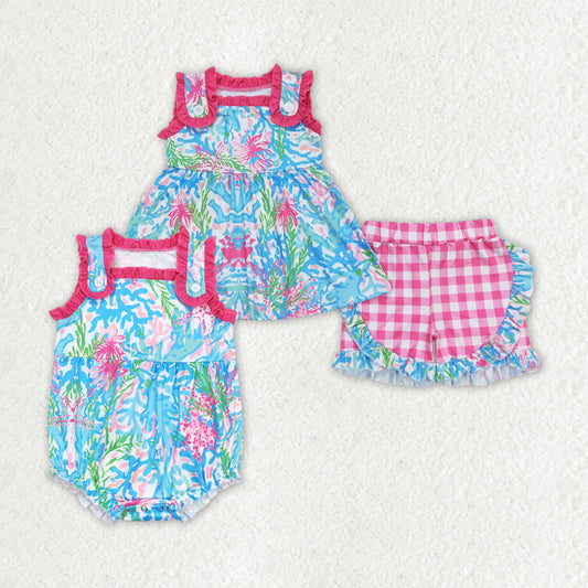 Seaweed Flowers Blue Print Sisters Summer Matching Clothes
