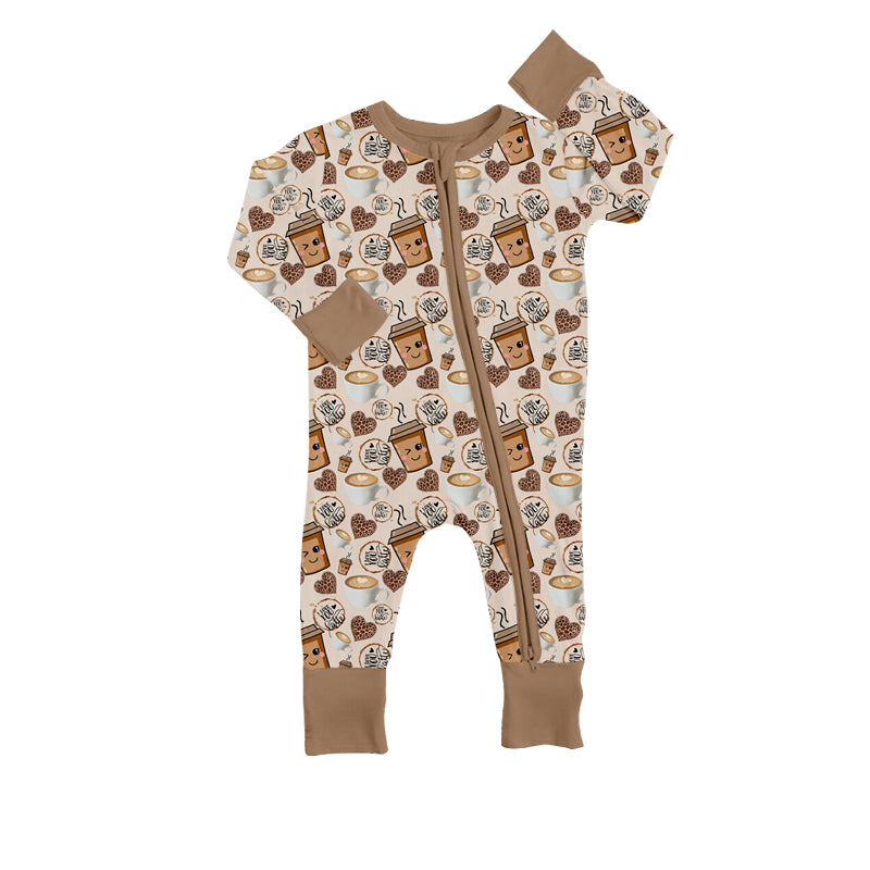 (Custom Design Preorder MOQ 5) Coffee Leopard Heart Print Baby Girls Valentine's Day Bamboo Sleeper Zipper Romper