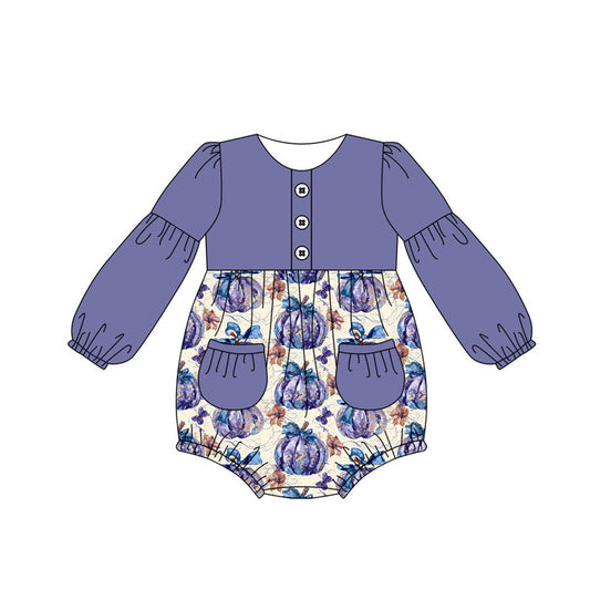 (Custom Design Preorder MOQ 5) Purple Pumpkin Print Baby Girls Fall Romper