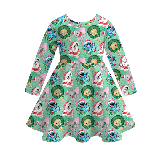 (Custom Design Preorder MOQ 5) Cartoon Animals Print Girls Knee Length Christmas Dress