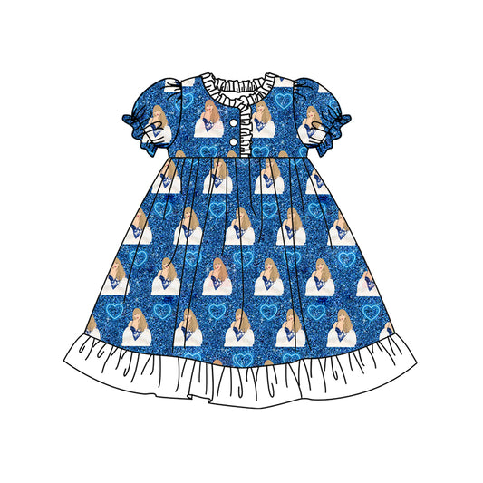 12.10(Custom Design Preorder MOQ 5) Singer Swiftie Heart Blue Print Girls Summer Pajamas Knee Length Dress