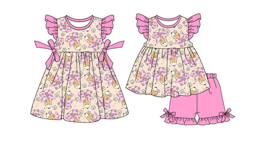 1.6(Custom Design Preorder MOQ 5 Each Design)  Pen Flowers Bows Print Girls Back to School Matching Clothes Sisters Wear