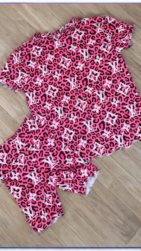 (Custom Design Preorder MOQ 5) L**V Pink Leopard Print Girls Pajamas Clothes Set