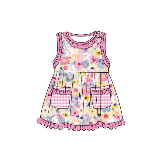 (Custom Design Preorder MOQ 5) Pink Flowers Print Pockets Girls Knee Length Summer Dress